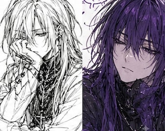 Dark Anime Boy Line Art, Long Hair Manga Illustration (Digital Download)