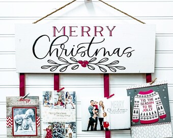 Merry Christmas Card Holder - Christmas Card Display - Christmas Cards - Farmhouse Christmas -  Holly Berries