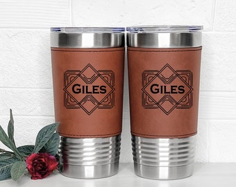 Leather Gift Set of 2 Tumblers - YOUR LOGO - Personalized Mug - Personalized Tumbler - Engraved Tumbler - Gift for office gift for employees