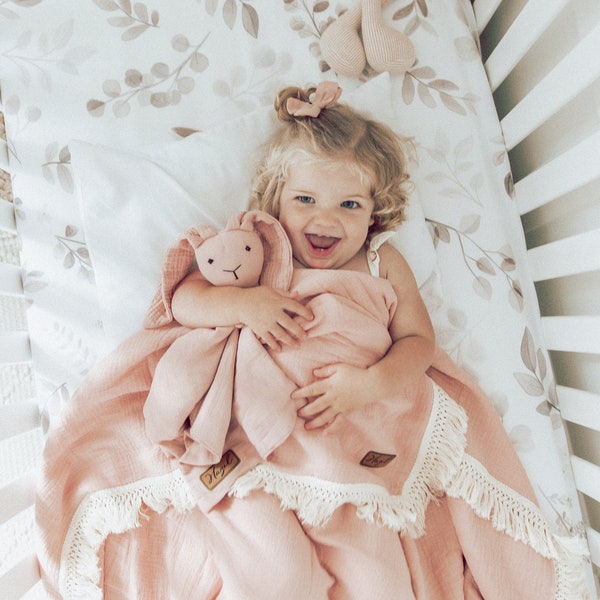 Personalized Baby Muslin Swaddle Blanket with Name, soft Cotton baby swaddle, Custom Boho Baby Gift, Fringe Baby Blanket Bunny Lovey