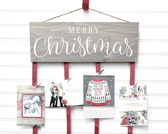 Merry Christmas Card Holder - Christmas Card Display - Christmas Cards - Farmhouse Christmas -  Weathered Gray