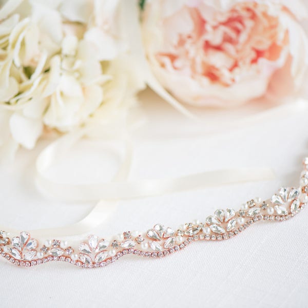 Rose Gold Bridal Belt - Rose Gold Wedding Belt -  Rose Gold Bridal Sash - Crystal Belt - Crystal Headband - Style: OLIVIA
