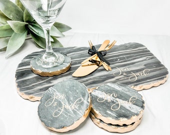 Personalized Marble Coasters - Geometric Coasters - Set of 4 - Gold Edge Marble Coasters - Engraved Marble Coasters - Gold Edge