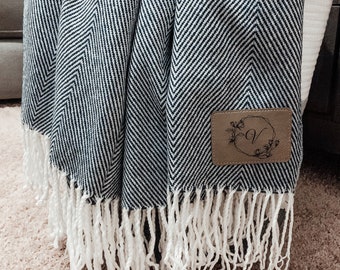Farmhouse Monogram Throw Personalized Blanket with Name Personalized Gift Corporate Gift Soft Herringbone Stripe Blanket with Tassel
