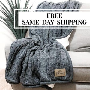 Personalized Cable Knit Blanket: Engraved Leather Patch, Cozy Gift