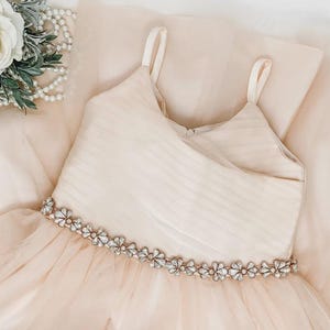 May include: A pale blush pink dress featuring a sleeveless bodice with thin straps and a horizontal pleated texture. The waistline is accented with a decorative band of clear, flower-shaped crystals. The skirt is made of layered, sheer tulle fabric.