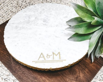 Personalized Lazy Susan - Marble & Gold Cheese Board - Custom Cutting Board - Charcuterie Board - Serving Tray - Wedding Gift- GOLD EDGE