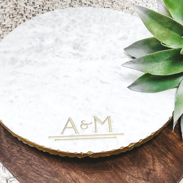 Personalized Lazy Susan - Marble & Gold Cheese Board - Custom Cutting Board - Charcuterie Board - Serving Tray - Wedding Gift- GOLD EDGE