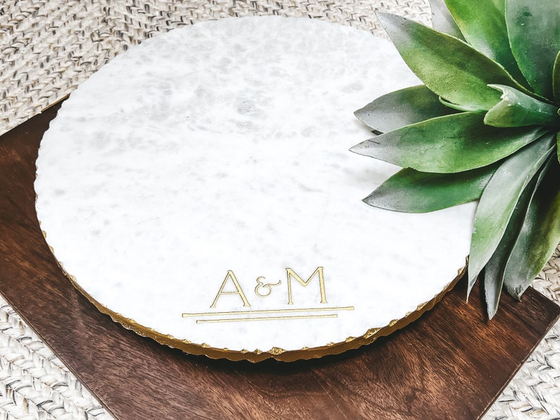 Personalized Lazy Susan Marble & Gold Cheese Board Custom Cutting Board Charcuterie Board Serving Tray Wedding Gift GOLD EDGE image 1