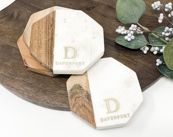 SLIGHTLY IMPERFECT - Personalized Marble Octagon Coasters - Geometric Coasters - Set of 4 - Wood and Marble Coasters - Engraved  Coasters