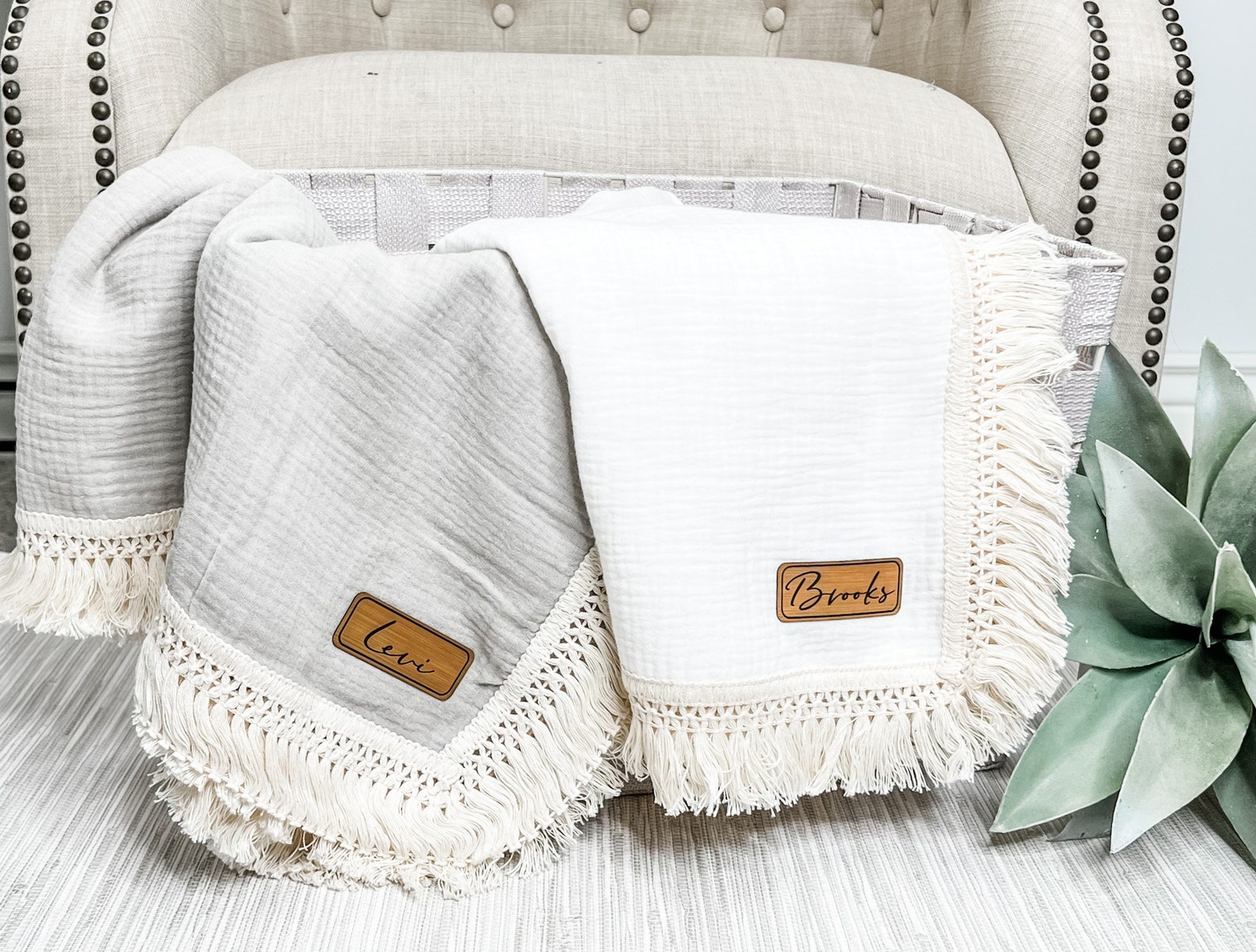 Fringe Baby Blanket Personalized Leather Patch Newborn Etsy