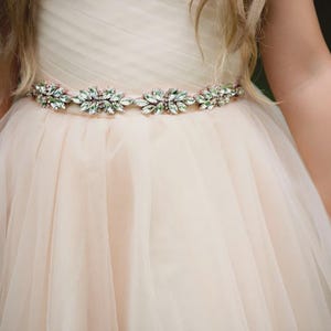 May include: A pale cream-coloured dress featuring a full, layered tulle skirt and a fitted bodice. A decorative belt is cinched at the waist, adorned with a horizontal row of clear, marquise-cut crystals arranged in a repeating floral pattern.