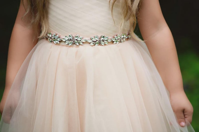 May include: A pale cream-coloured dress featuring a full, layered tulle skirt and a fitted bodice. A decorative belt is cinched at the waist, adorned with a horizontal row of clear, marquise-cut crystals arranged in a repeating floral pattern.