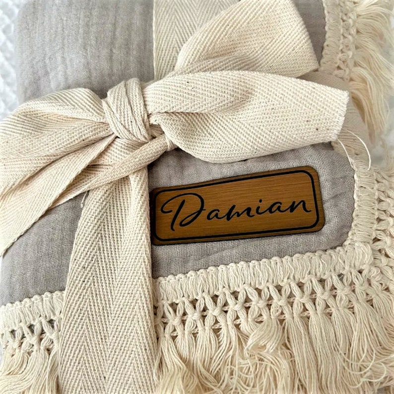 Fringe Baby Blanket Personalized Leather Patch Newborn Photoshoot Blanket Baby Shower Gift Idea for New Baby Gift Baby Lovey