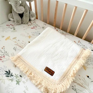 Fringe Baby Blanket Personalized Leather Patch Newborn Photoshoot Blanket Baby Shower Gift Idea for New Baby Gift Baby Lovey