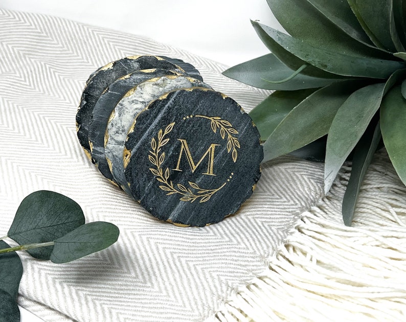 Personalized Marble Coasters Geometric Coasters Set of 4 Gold Edge Marble Coasters Engraved Marble Coasters Gold Edge image 4