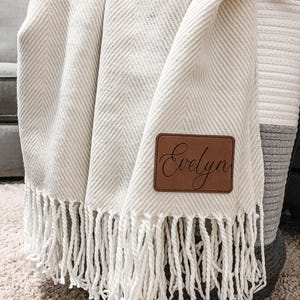 Personalized Herringbone Throw Blanket, Engraved Leather Patch, Wedding Gift for the Couple image 4