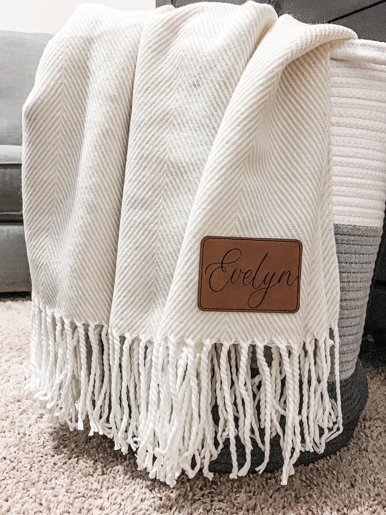 Personalized Herringbone Throw Blanket, Engraved Leather Patch, Wedding Gift for the Couple image 4