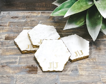 SLIGHTLY IMPERFECT-Personalized Marble Hexagon Coasters-Geometric Coasters - Set of 4 - Gold Edge Marble Coasters - Engraved Marble Coasters