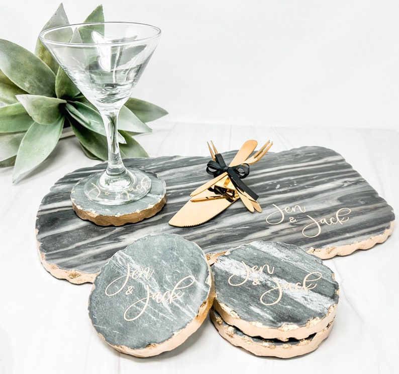 Personalized Marble Coasters Geometric Coasters Set of 4 Gold Edge Marble Coasters Engraved Marble Coasters Gold Edge image 1