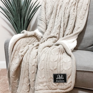 Personalized cable knit blanket with monogram patch cozy sherpa throw custom housewarming wedding present get well gift