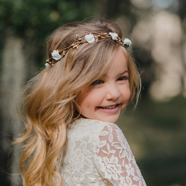 Child Flower Crown - Flower Girl Flower Crown Wreath - Bridal Headpiece - Natural Wedding Hair Wreath - Gold Flower Crown - Style: AVERY