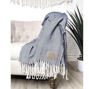 Personalized Herringbone Throw Blanket: Engraved Leather Patch, Farmhouse Decor