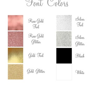 Puede incluir: Un gr&aacute;fico que muestra diferentes colores de fuente para texto. Los colores incluyen oro rosa en l&aacute;mina, oro rosa con brillo, oro en l&aacute;mina, oro con brillo, plata en l&aacute;mina, plata con brillo, negro y blanco.