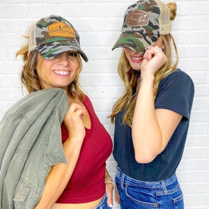 CLEARANCE Personalized Camo Hat, Mom hat, messy bun hat, leather patch hat, Camo Baseball hat, Day drinker hat camo ponytail hat