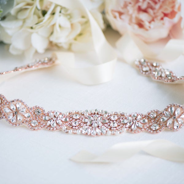 Rose Gold Bridal Belt - Rose Gold Wedding Belt - Wedding Dresss Sash - Rose Gold Bridal Sash - Crystal Belt - Style: OAKLEY