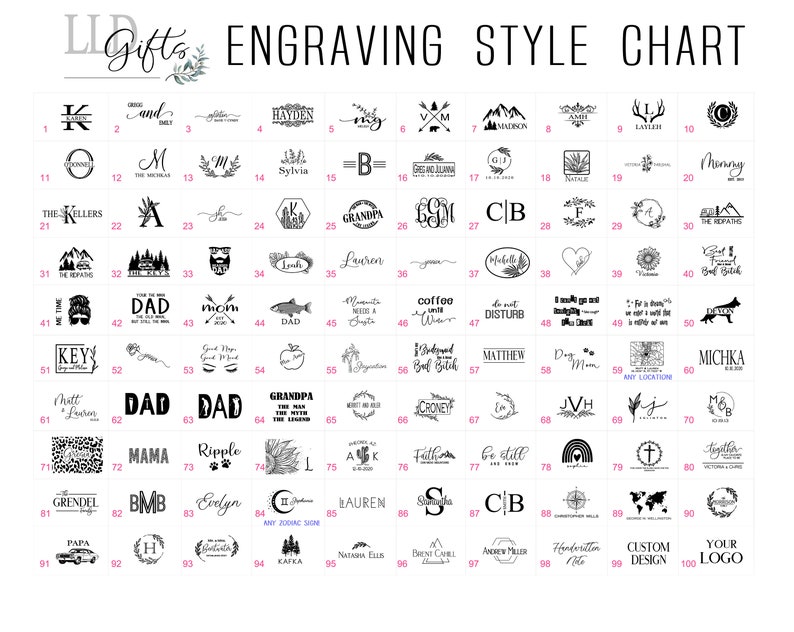 May include: A chart with 100 different engraving styles for personalized gifts. The chart is divided into a grid of 10 rows and 10 columns. Each square contains a different design, such as names, initials, symbols, and phrases.
