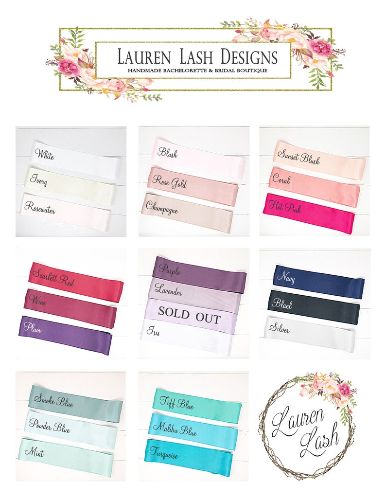 Puede incluir: Una tabla de colores de cinta de sat&eacute;n para fajas de boda o fiesta de bodas. Los colores incluyen blanco, marfil, agua de rosas, rubor, oro rosa, champ&aacute;n, rubor de atardecer, coral, rosa intenso, rojo escarlata, vino, ciruela, azul marino, morado, lavanda, negro, plata, azul humo, azul polvo, menta, azul Tiffany, azul Malibu y turquesa. La tabla tambi&eacute;n incluye el texto "SOLD OUT".