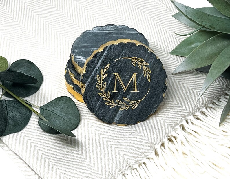 Personalized Marble Coasters Geometric Coasters Set of 4 Gold Edge Marble Coasters Engraved Marble Coasters Gold Edge image 6