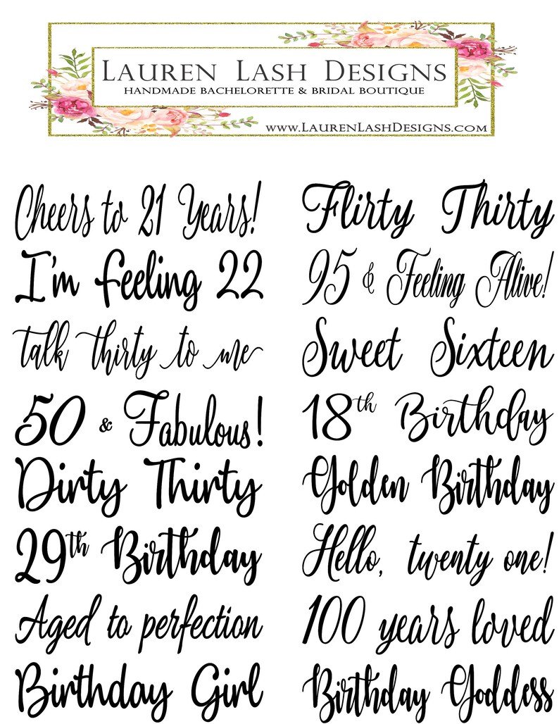 Puede incluir: Una colecci&oacute;n de 10 dise&ntilde;os de texto con tem&aacute;tica de cumplea&ntilde;os en fuente de letra cursiva negra. Los dise&ntilde;os incluyen frases como "Cheers to 21 Years!" y "Birthday Goddess".