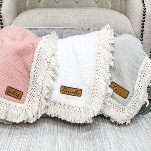 Fringe Baby Blanket Personalized Leather Patch Newborn Photoshoot Blanket Baby Shower Gift Idea for New Baby Gift Baby Lovey