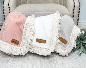 Fringe Baby Blanket Personalized Leather Patch Newborn Photoshoot Blanket Baby Shower Gift Idea for New Baby Gift Baby Lovey