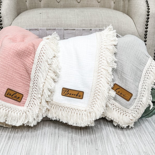 Fringe Baby Blanket Personalized Leather Patch Newborn Photoshoot Blanket Baby Shower Gift Idea for New Baby Gift Baby Lovey