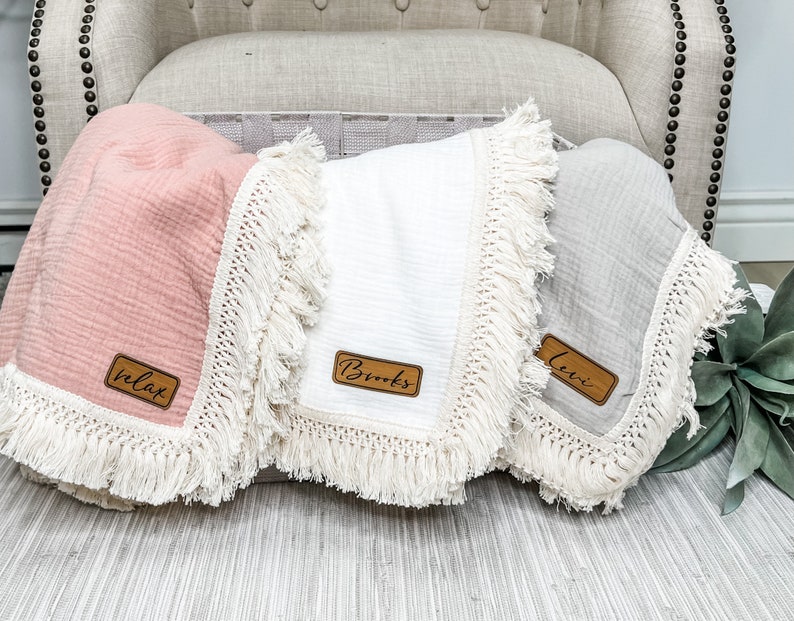 Fringe Baby Blanket Personalized Leather Patch Newborn Photoshoot Blanket Baby Shower Gift Idea for New Baby Gift Baby Lovey