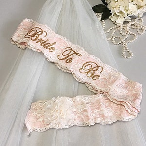 Satin & Lace Bachelorette Sash and Veil Set - Lace Bride To Be Sash - Bridal Shower Gift for Bride - Lace Sash