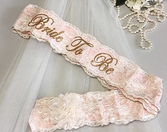 Satin & Lace Bachelorette Sash and Veil Set - Lace Bride To Be Sash - Bridal Shower Gift for Bride - Lace Sash