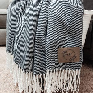 Personalized Herringbone Throw Blanket, Engraved Leather Patch, Wedding Gift for the Couple image 2