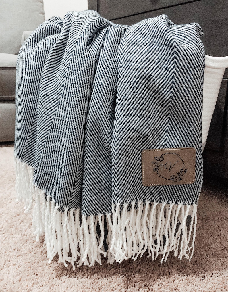 Personalized Herringbone Throw Blanket, Engraved Leather Patch, Wedding Gift for the Couple image 2