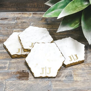 SLIGHTLY IMPERFECT-Personalized Marble Hexagon Coasters-Geometric Coasters - Set of 4 - Gold Edge Marble Coasters - Engraved Marble Coasters