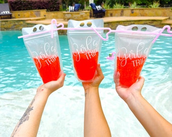Bachelorette Party Drink Pouches  Party Favors Bridesmaid Personalized Drink Pouches with Straw Pool Beach Bachelorette Ideas