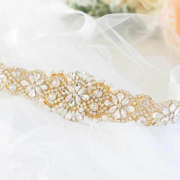 CLEARANCE -Gold Bridal Belt - Pearl Wedding Belt - Wedding Dresss Sash - Crystal Belt - Crystal Headband - GOLD