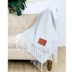 Farmhouse Monogram Throw Personalized Blanket with Name Personalized Gift Corporate Gift Soft Herringbone Stripe Blanket with Tassel Gray