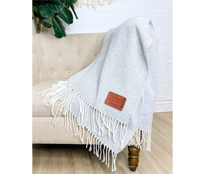 Farmhouse Monogram Throw Personalized Blanket with Name Personalized Gift Corporate Gift Soft Herringbone Stripe Blanket with Tassel Gray