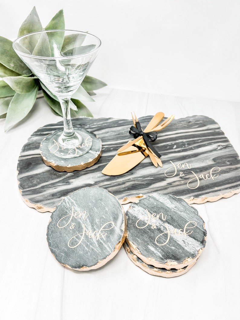 Personalized Marble Coasters Geometric Coasters Set of 4 Gold Edge Marble Coasters Engraved Marble Coasters Gold Edge image 5