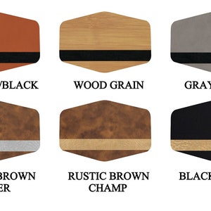 May include: Ten different color and texture options for a hexagon-shaped leatherette coaster. The options include: Dark Brown/Black, Brown/Black, Wood Grain, Gray/Black, Tan/Black, Cork, Rustic Brown Silver, Rustic Brown Champ, Black/Champ, and Black/Silver.