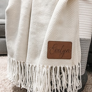 Farmhouse Monogram Throw Personalized Blanket with Name Personalized Gift Corporate Gift Soft Herringbone Stripe Blanket with Tassel image 4